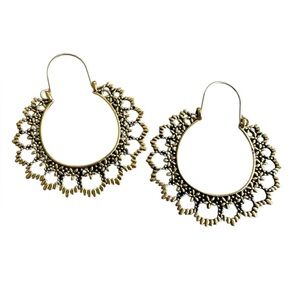 Boho Antiqued Gold Decorative Hollow Center Hoop Pierced Earrings
